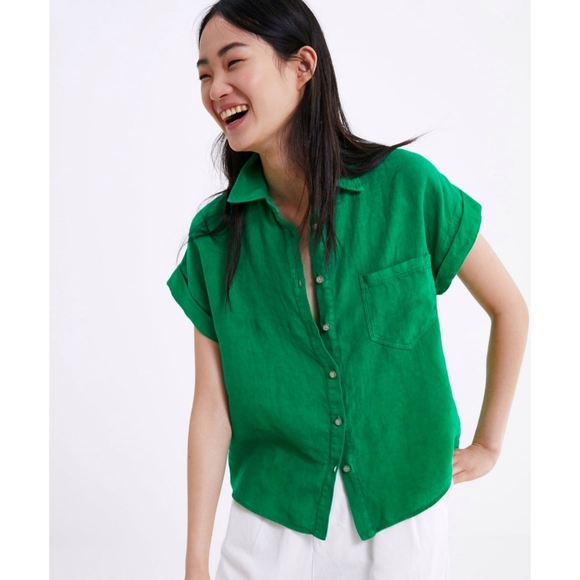 Zara Tops - Zara Green Linen Button Down With Rolled Cuffs